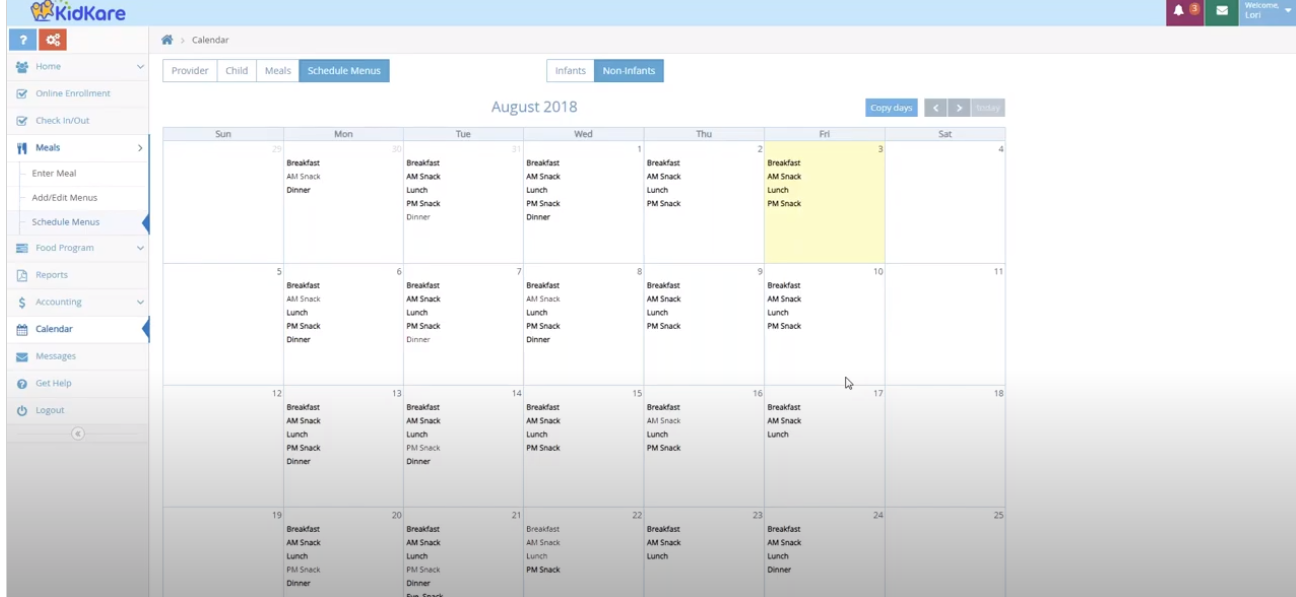 screenshot of KidKare Food Program